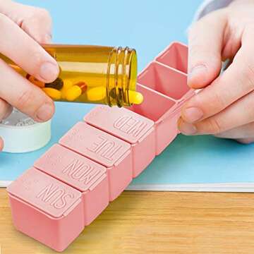 Pill Organizer-Pill Boxes for Travel, 7 Day with Braille Pill case Vitamins Fish Oil Supplements, Medication Organizer Dispenser for Fish Oils, Vitamin Holder Supplement (Pink)