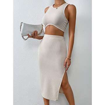 COZYEASE Women's 2 Piece Outfit Sleeveless Ribbed Knit Crop Tank Top with Split Thigh Bodycon Midi Skirt Beige