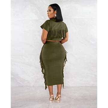 Casual Summer 2 Piece Outfits for Women Short Sleeve Crop Top High Waist Tassel Skirt Sets Army Green XL