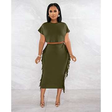 Casual Summer 2 Piece Outfits for Women Short Sleeve Crop Top High Waist Tassel Skirt Sets Army Green XL
