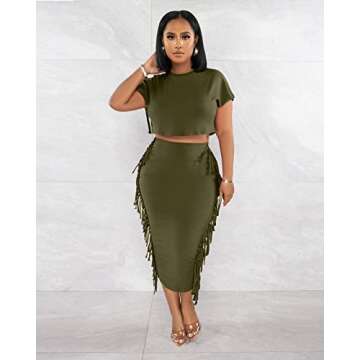 Casual Summer 2 Piece Outfits for Women Short Sleeve Crop Top High Waist Tassel Skirt Sets Army Green XL