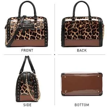 Dasein Women's Barrel Bag Shiny Patent Faux Leather Handbag with Rivet Decoration Top Handle Satchel Shoulder Purse (Large Leopard)