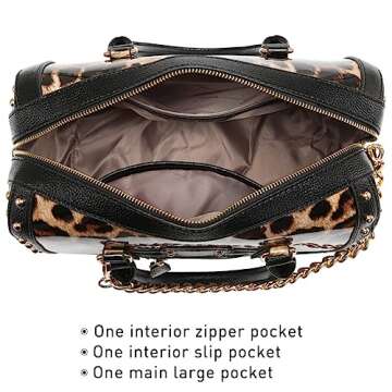 Dasein Women's Barrel Bag Shiny Patent Faux Leather Handbag with Rivet Decoration Top Handle Satchel Shoulder Purse (Large Leopard)