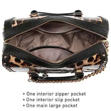 Dasein Women's Barrel Bag Shiny Patent Faux Leather Handbag with Rivet Decoration Top Handle Satchel Shoulder Purse (Large Leopard)