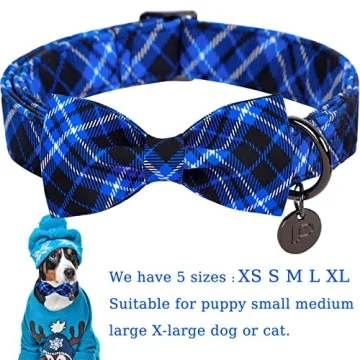 UP URARA PUP Dog Collar with Bow Tie - Adjustable Blue Plaid Collar for Dogs