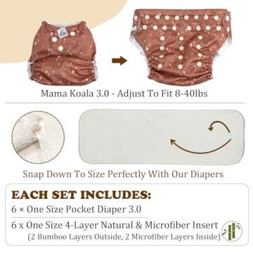 Mama Koala 3.0 Pocket Cloth Diapers for Babies with AWJ Lining, 6 Pack with 6 4-Layer Natural Cloth Diaper Inserts - Reusable and Washable Pocket Diapers(Simply Neutrals)