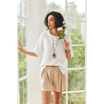 Cnlinkco Linen Shirts for Women Casual Button Cotton Tops Summer Solid Bohemian Clothes White XL