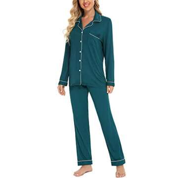 Senert Pajamas Set Long Sleeve Sleepwear Womens Button Down Nightwear Soft Pj Lounge Sets Green Medi...