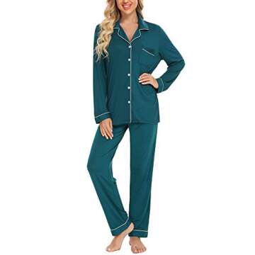 Senert Pajamas Set Long Sleeve Sleepwear Womens Button Down Nightwear Soft Pj Lounge Sets Green Medium