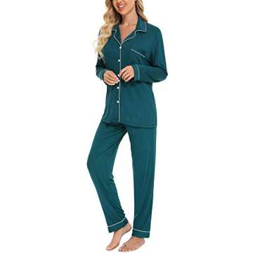 Senert Pajamas Set Long Sleeve Sleepwear Womens Button Down Nightwear Soft Pj Lounge Sets Green Medium