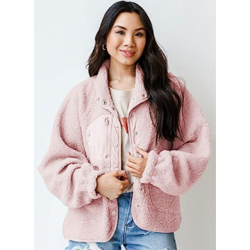 Aoang Women's Sherpa Fleece Jacket Faux Fuzzy Long Sleeve Casual Button Up Coat with Pockets Pink,L