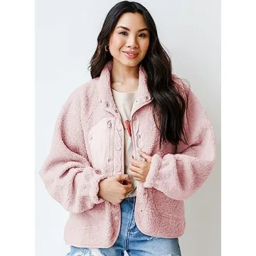 Aoang Women's Sherpa Fleece Jacket Faux Fuzzy Long Sleeve Casual Button Up Coat with Pockets Pink,L