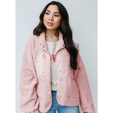 Aoang Women's Sherpa Fleece Jacket Faux Fuzzy Long Sleeve Casual Button Up Coat with Pockets Pink,L
