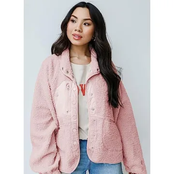 Aoang Women's Sherpa Fleece Jacket Faux Fuzzy Long Sleeve Casual Button Up Coat with Pockets Pink,L