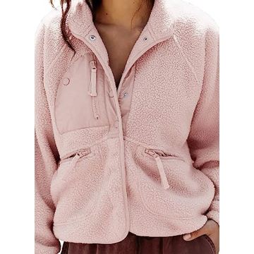 Aoang Women's Sherpa Fleece Jacket Faux Fuzzy Long Sleeve Casual Button Up Coat with Pockets Pink,L