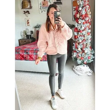 Aoang Women's Sherpa Fleece Jacket Faux Fuzzy Long Sleeve Casual Button Up Coat with Pockets Pink,L