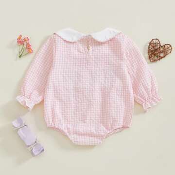 Newborn Baby Girls Clothes Long Sleeve Doll Collar Smocked Heart Embroidery Plaid Bubble Romper Outf...