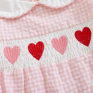 Newborn Baby Girls Clothes Long Sleeve Doll Collar Smocked Heart Embroidery Plaid Bubble Romper Outfit (Pink, 3-6 Months)