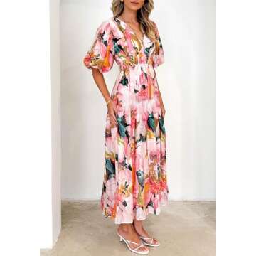 Sissyaki Women's Boho Floral Midi Dress Smocked Beach Flowy Dress Multi Pink Print M