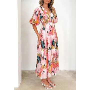 Sissyaki Women's Boho Floral Midi Dress Smocked Beach Flowy Dress Multi Pink Print M