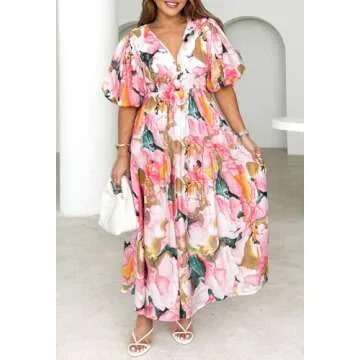 Sissyaki Women's Boho Floral Midi Dress Smocked Beach Flowy Dress Multi Pink Print M