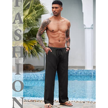 COOFANDY Mens Casual Linen Drawstring Pants Elastic Waist Lightweight Pant Summer Beach Yoga Trouser A- Black