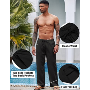 COOFANDY Mens Casual Linen Drawstring Pants Elastic Waist Lightweight Pant Summer Beach Yoga Trouser A- Black