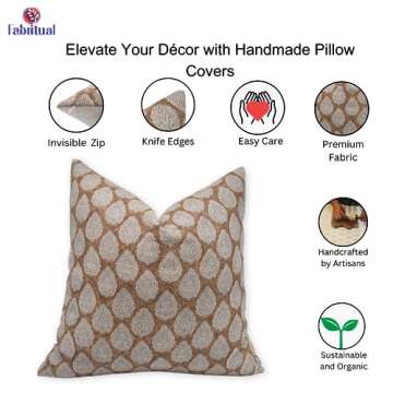 Fabritual Hand Block Print Thick Linen Throw Vintage Pillowcase Cushion Cover 16"X16" Spring Fall Decoration for Sofa, Bed and Couch, Boho Home Décor, Living Room, Farmhouse, Betal Leaf, Light Brown