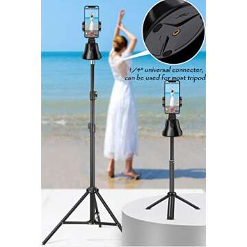 Selfie Stick Tripod 360°Rotation Auto Smart Face & Object Tracking Cell Phone Tripod Holder for Video Recording, Work with Tripod for iPhone Android