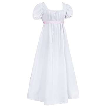 HEQU Regency Dresses for Women with Satin Sash Ruffle Empire Waist Dress Gown (S, White)
