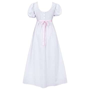 HEQU Regency Dresses for Women with Satin Sash Ruffle Empire Waist Dress Gown (S, White)