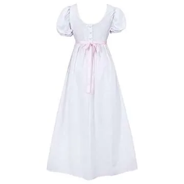 HEQU Regency Dresses for Women with Satin Sash Ruffle Empire Waist Dress Gown (S, White)