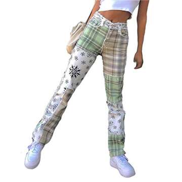 KOSUSANILL Girls Women High Waist Jeans Straight Leg Heart Print Streetwear Jeans Valentine's Day Denim Pants Clothes (Green Patchwork, Small)