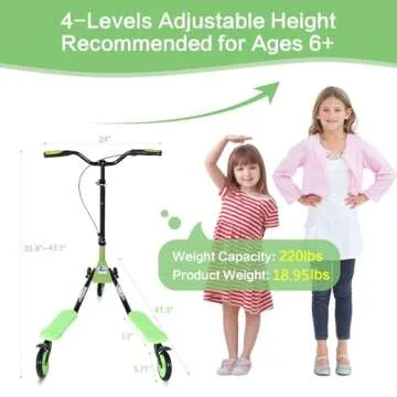 AODI Swing Wiggle Scooter, 3 Wheels Drifting Scooter with Adjustable Height/Folding Kick Scooter for Kids/Woman/Men Age 6+ Years Old