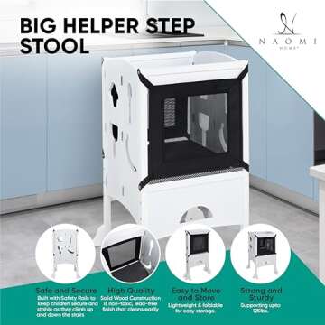 Kids I'm a Big Helper Wooden Toddler Tower with Safety Rail; Foldable Step Stool; Montessori Tower f...