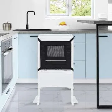 Kids I'm a Big Helper Wooden Toddler Tower with Safety Rail; Foldable Step Stool; Montessori Tower for Toddlers for Kids - Natural, White