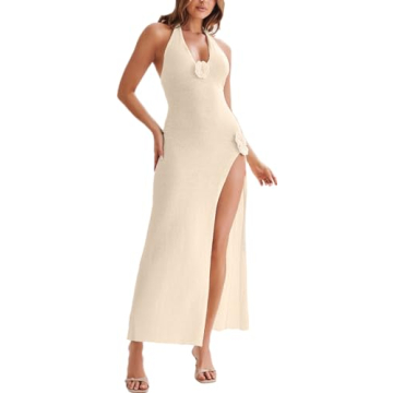 Elegant Women's High Split Halter Knit Beach Dress with 3D Floral Design