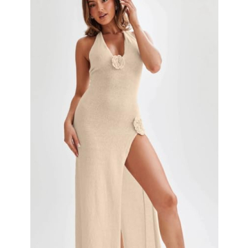 Stylish High Split Halter Knit Beach Dress for Women