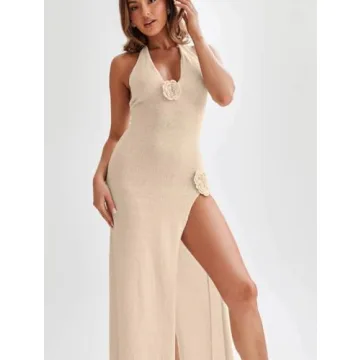 Stylish High Split Halter Knit Beach Dress for Women