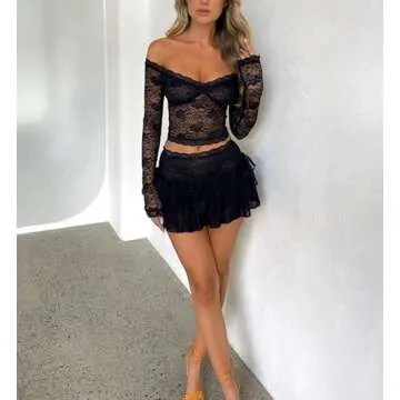 Women Y2k Ruffle 2 Piece Skirt Sets 3D Floral Sheer Mesh Crop Top Bodycon Mini Skirt Fringed Tassels Summer Set (L-Lace Black, L)