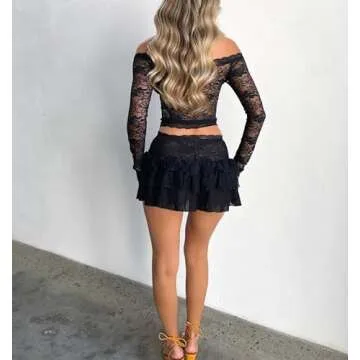 Women Y2k Ruffle 2 Piece Skirt Sets 3D Floral Sheer Mesh Crop Top Bodycon Mini Skirt Fringed Tassels Summer Set (L-Lace Black, L)