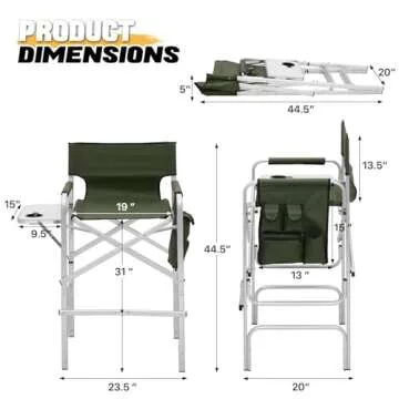MoNiBloom 31-Inch Foldable Tall Director Chair Folding Portable Aluminum Frame Makeup Artist Chair, with Side Table, Cup Holder and Pockets, 250lbs Capacity (Dark Green)