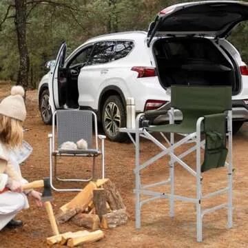 MoNiBloom 31-Inch Foldable Tall Director Chair Folding Portable Aluminum Frame Makeup Artist Chair, with Side Table, Cup Holder and Pockets, 250lbs Capacity (Dark Green)