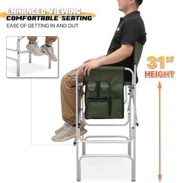 MoNiBloom 31-Inch Foldable Tall Director Chair Folding Portable Aluminum Frame Makeup Artist Chair, with Side Table, Cup Holder and Pockets, 250lbs Capacity (Dark Green)