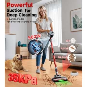 CHOSBE Cordless Vacuum Cleaner, 500W/35Kpa Lightweight Stick Vacuum with Green Light, 45Mins Runtime...