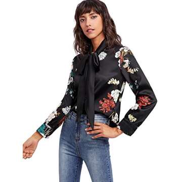 Floerns Women's Long Sleeve Floral Print Tie Bow Neck Blouses Black-4 S