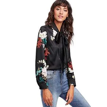Floerns Women's Long Sleeve Floral Print Tie Bow Neck Blouses Black-4 S