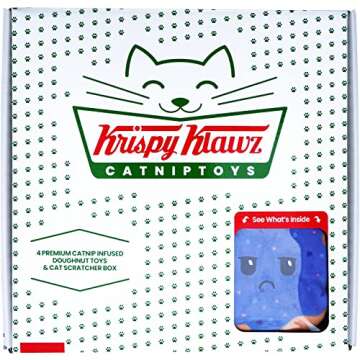 Krispy Klawz Donut Cat Toys - Cute Funny Cat for Cat Lovers, Cat Birthday Gift, Cat Presents - Includes 4 Donut Shaped Catnip Infused Plush Toys & Thick Cardboard Cat Scratch Pad