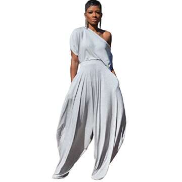 Two Piece Outfits for Women Sexy One Shoulder Tops with Harem Pants Set Boho Jumpsuit Sets Tracksuit Grey