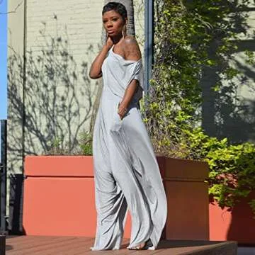 Two Piece Outfits for Women Sexy One Shoulder Tops with Harem Pants Set Boho Jumpsuit Sets Tracksuit Grey
